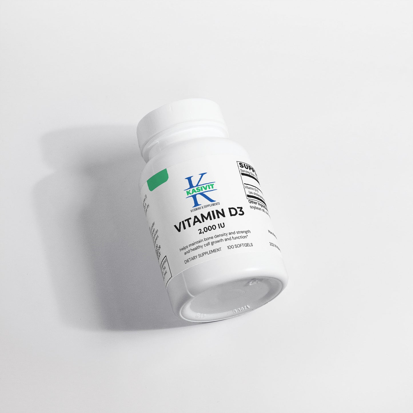 Kasivit Vitamin D3 2000 IU supplement bottle with 100 softgels for bone strength and immunity