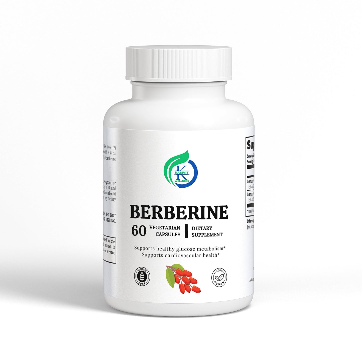 Kasivit berberine dietary supplement bottle with 60 vegetarian capsules for healthy metabolism