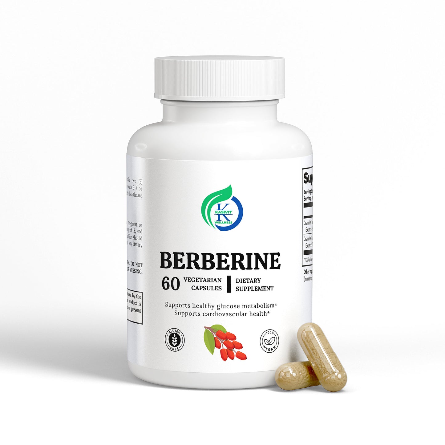 Kasivit Berberine specialty supplement bottle with two capsules for berberine for healthy metabolism