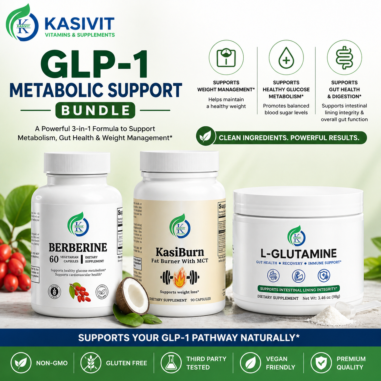 GLP-1 Metabolic Support Bundle — Berberine, KasiBurn & L-Glutamine