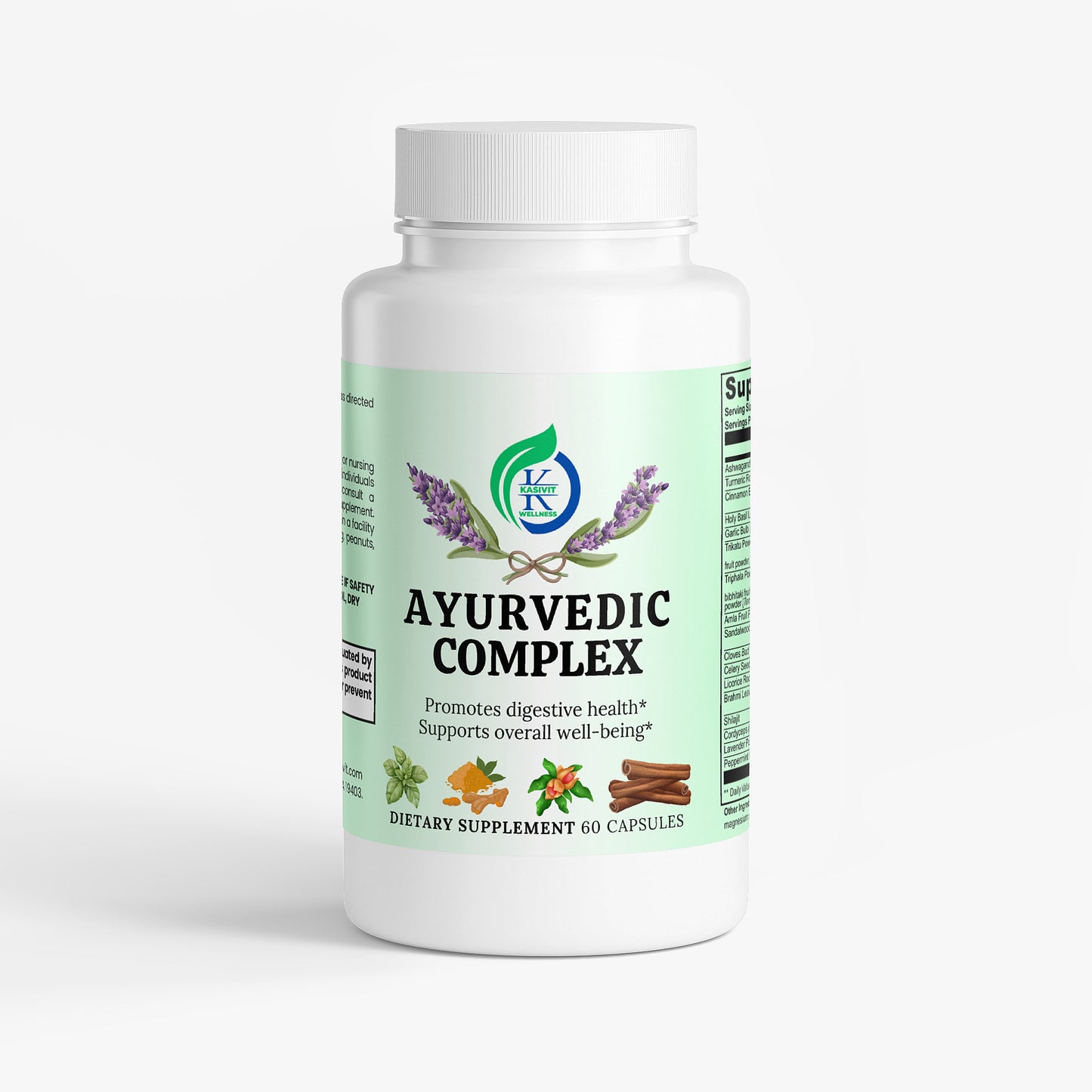 Kasivit Ayurvedic complex supplement bottle promoting digestive health and overall well-being with 60 capsules