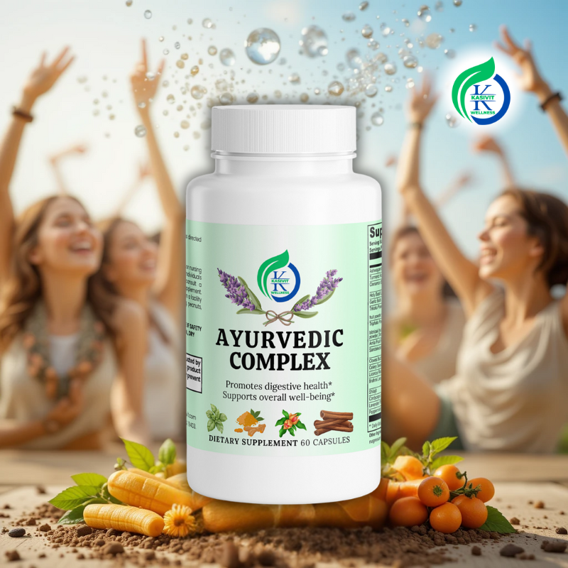 Kasivit Ayurvedic complex supplement bottle with natural herbs and happy people in background