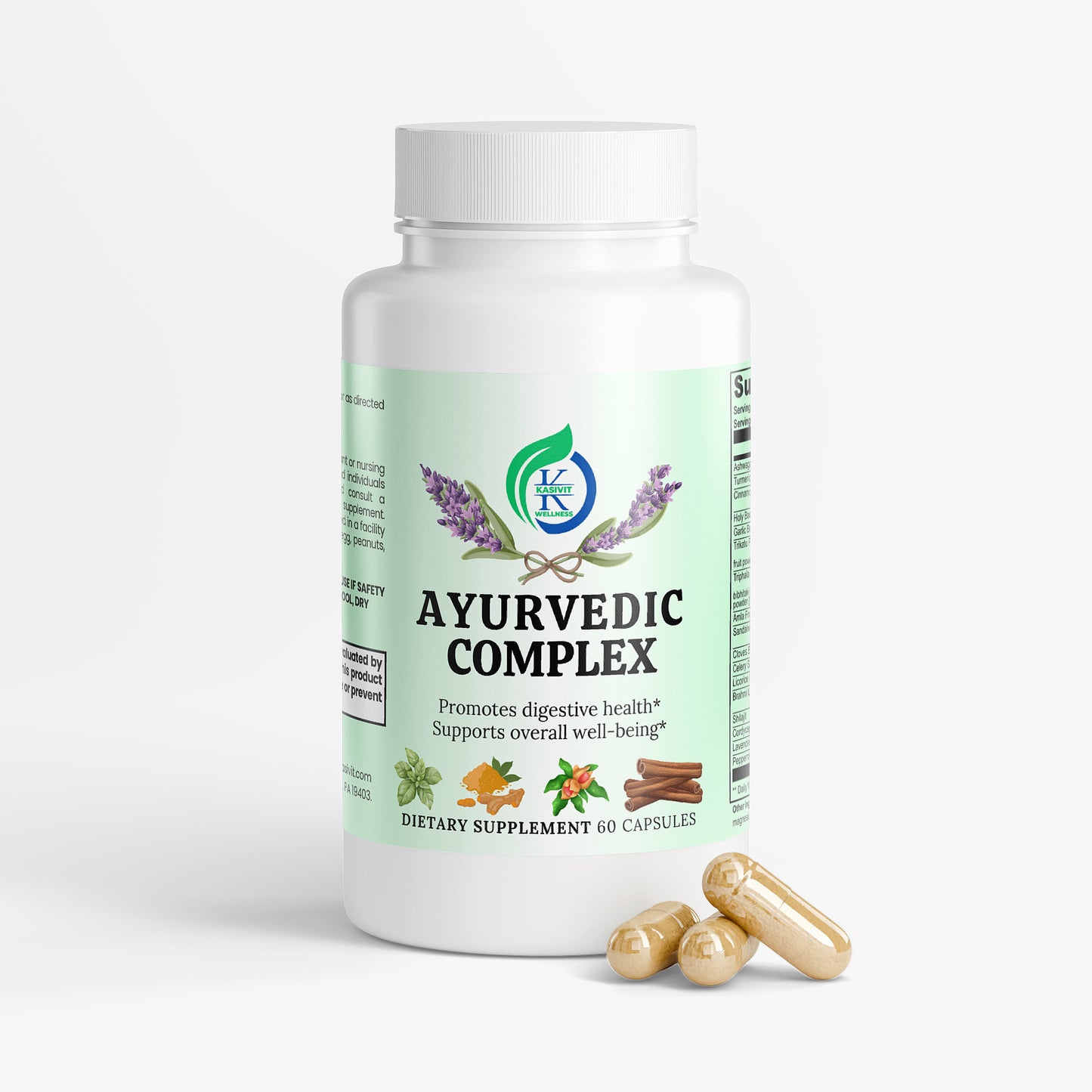 Kasivit Ayurvedic complex supplement bottle with natural herbal ingredients and capsules