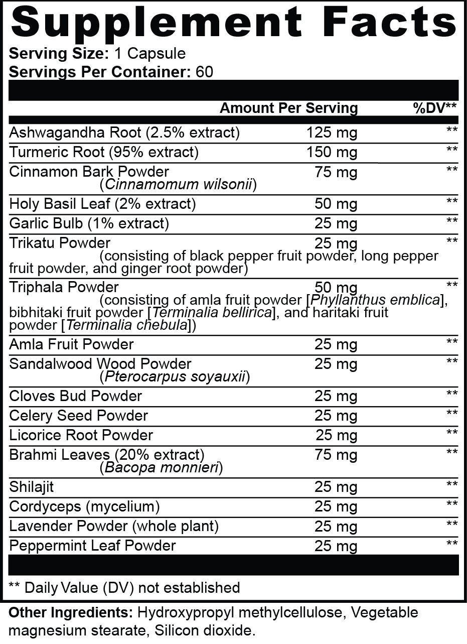 Kasivit Ayurvedic complex supplement nutrition facts label showing ingredients and serving size