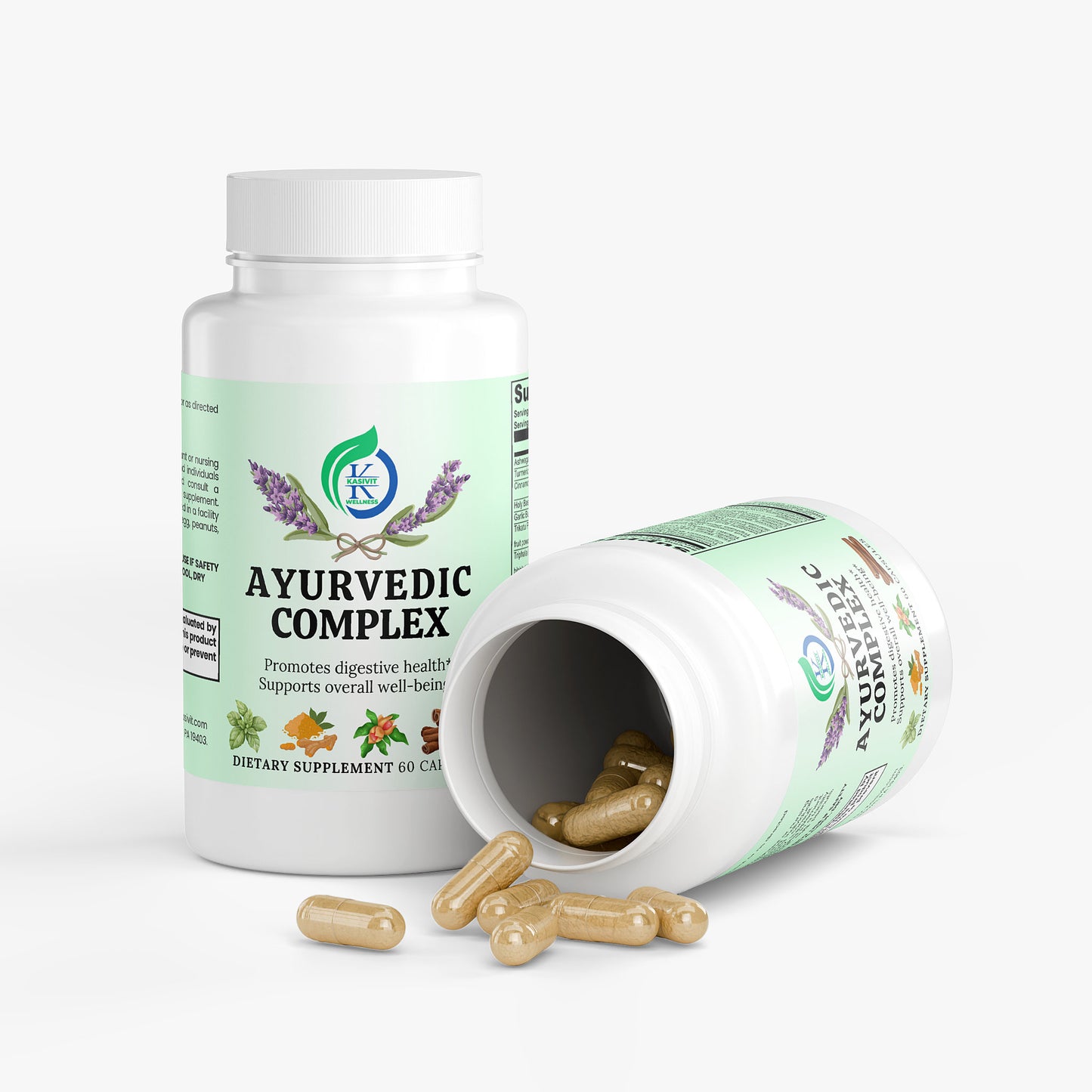 Kasivit Ayurvedic complex supplement bottles with capsules promoting digestive health and well-being