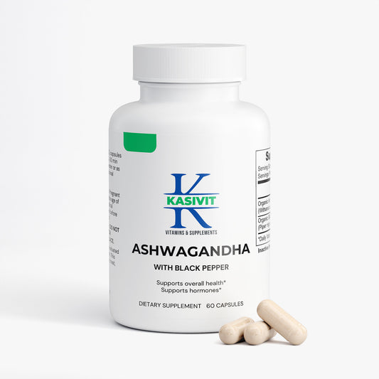 Kasivit Ashwagandha capsules with black pepper dietary supplement bottle with three capsules displayed