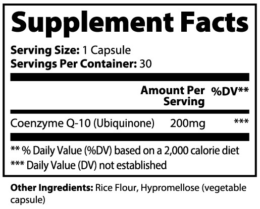 Kasivit CoQ10 supplement supplement facts label showing 200mg Coenzyme Q-10 per capsule and other ingredients