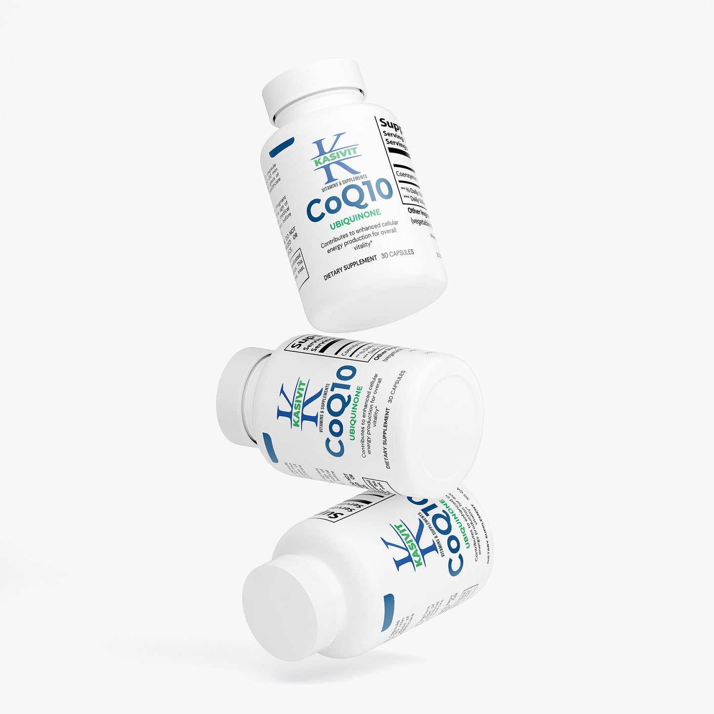 Kasivit CoQ10 supplement bottles with Ubiquinone for heart health and energy support