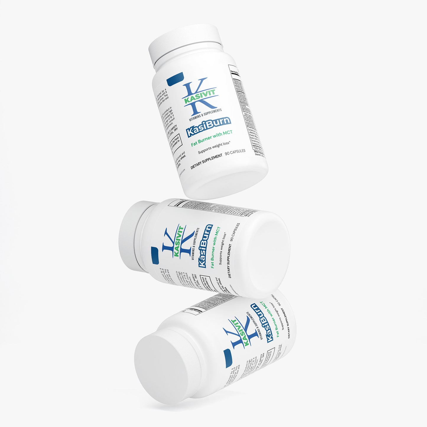 Kasivit KasiBurn Fat Burner with MCT white supplement bottles stacked on white background