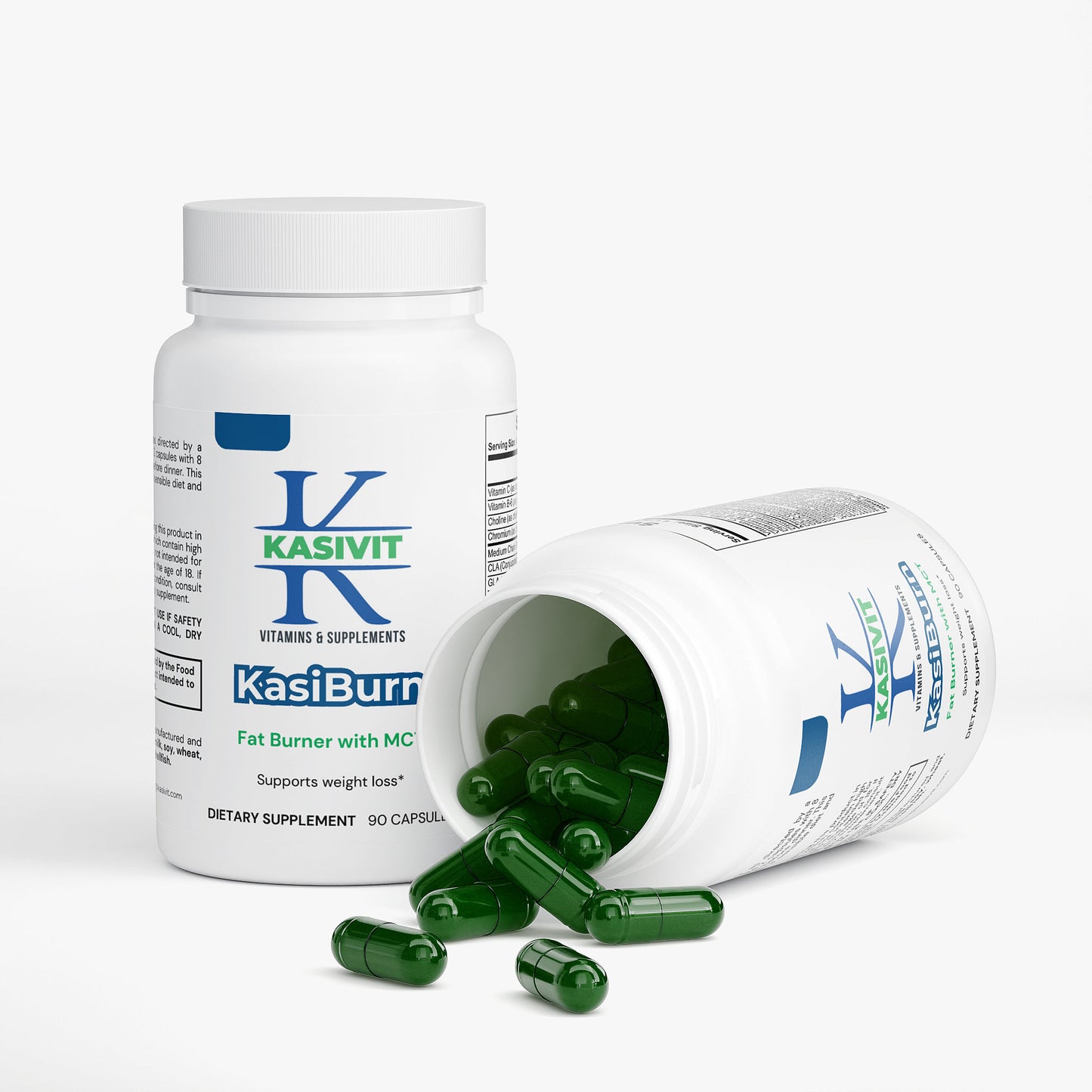 Kasivit KasiBurn Fat Burner with MCT dietary supplement bottles with green capsules