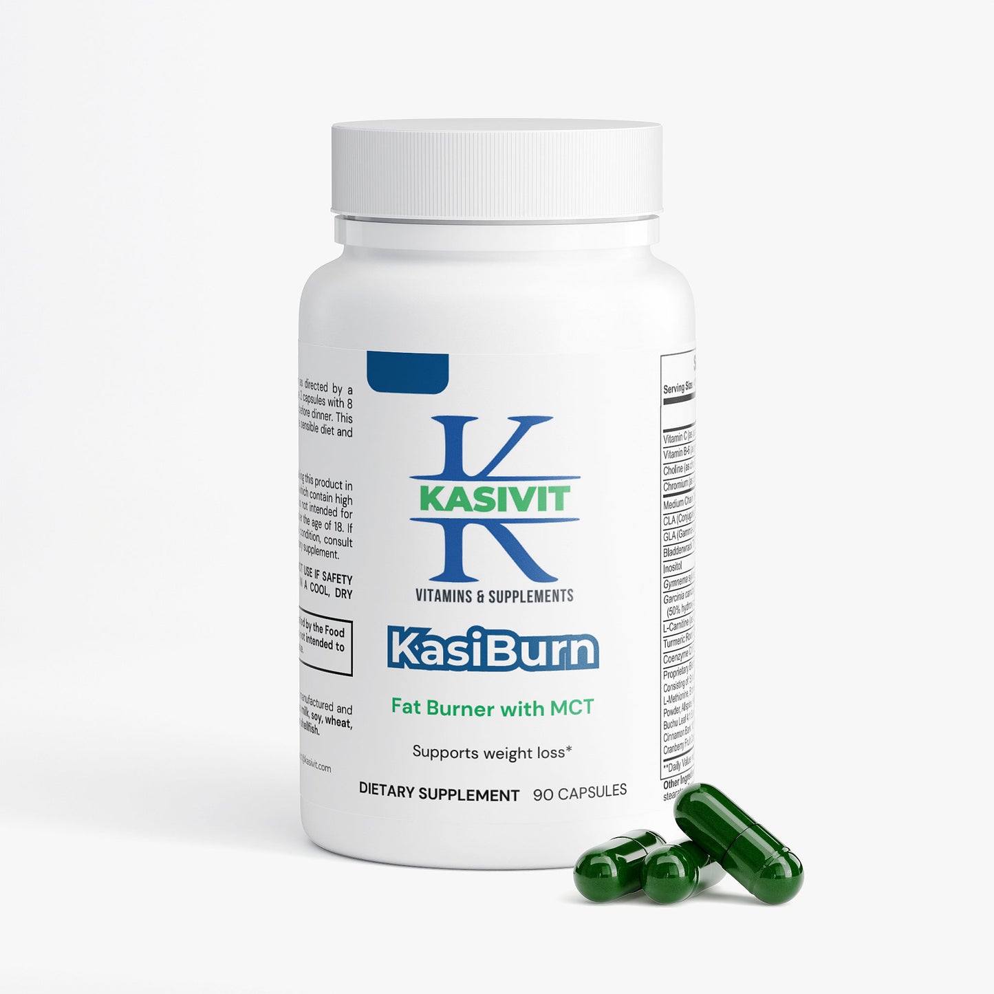 Kasivit KasiBurn Fat Burner with MCT dietary supplement bottle with green capsules