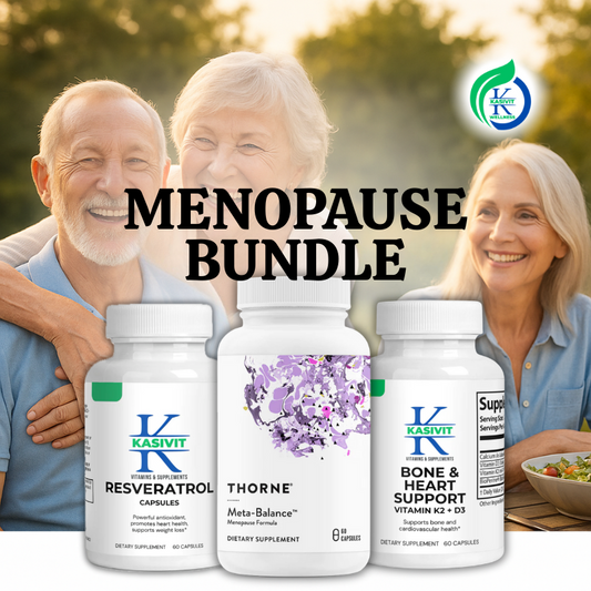 Kasivit menopause supplements bundle with Resveratrol, Meta-Balance, and Bone Heart Support bottles