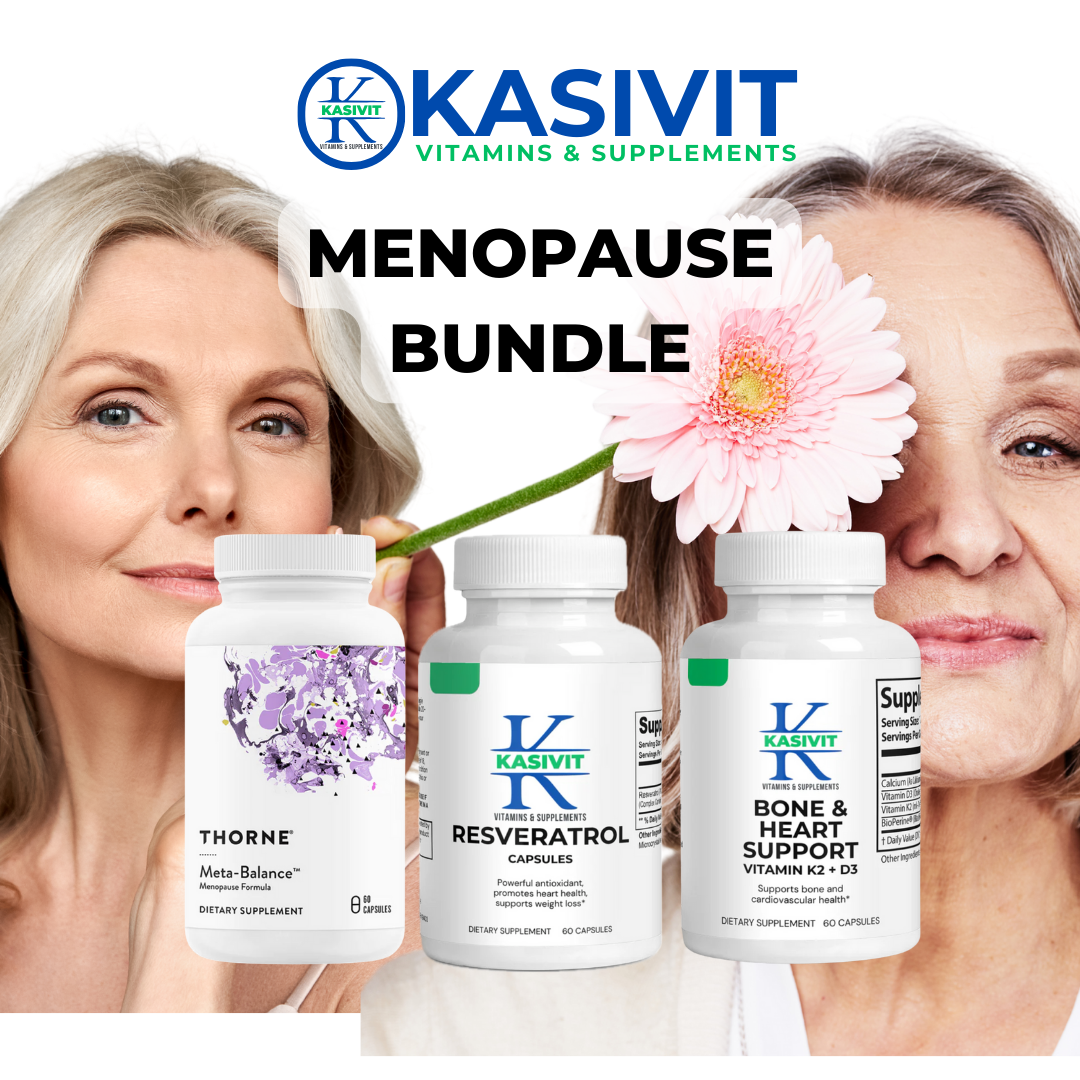 Kasivit menopause supplements bundle featuring Meta-Balance, Resveratrol, and Bone & Heart Support bottles