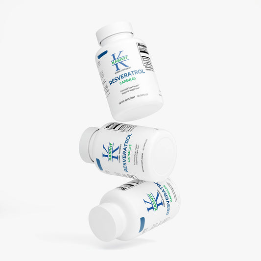 Kasivit resveratrol 600mg supplement bottles with white caps and blue green labels on white background