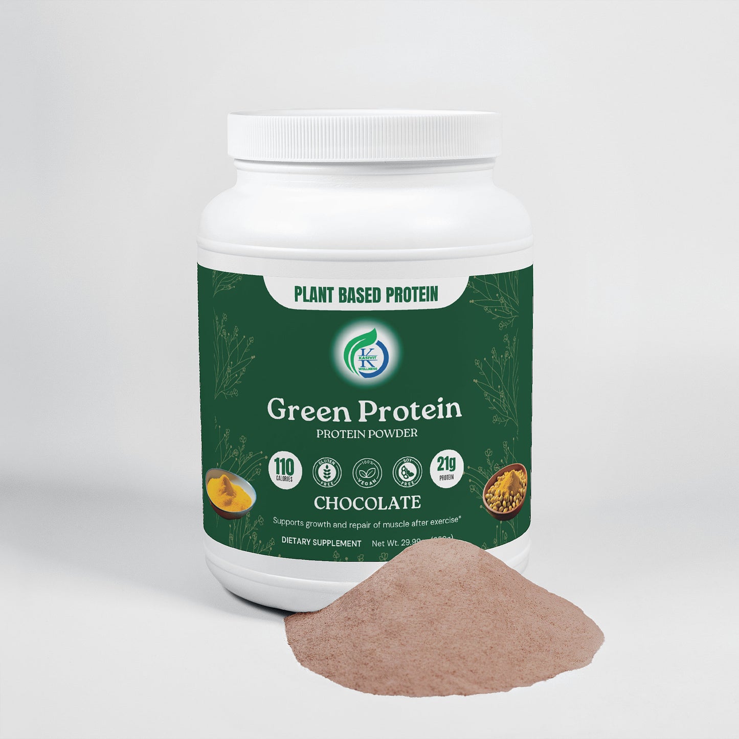 Kasivit vegan protein powder for muscle recovery Green Protein chocolate flavor with 21g protein