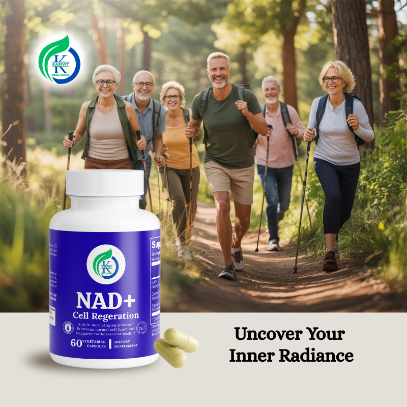 Kasivit NAD supplement for healthy aging with bottle and active seniors hiking outdoors