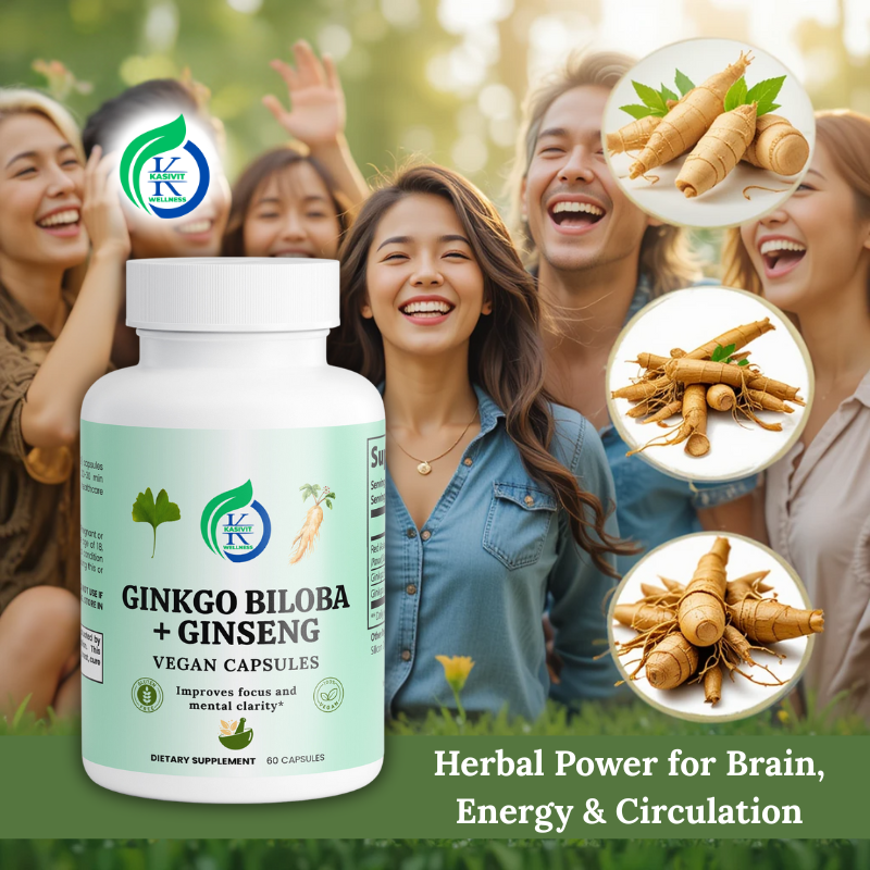 Kasivit Ginkgo Biloba and Ginseng supplement bottle with images of ginseng roots and a happy group of friends outdoors