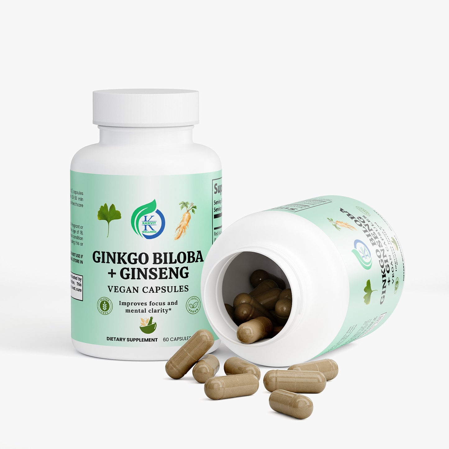 Kasivit Ginkgo Biloba and Ginseng supplement vegan capsules with focus and mental clarity support