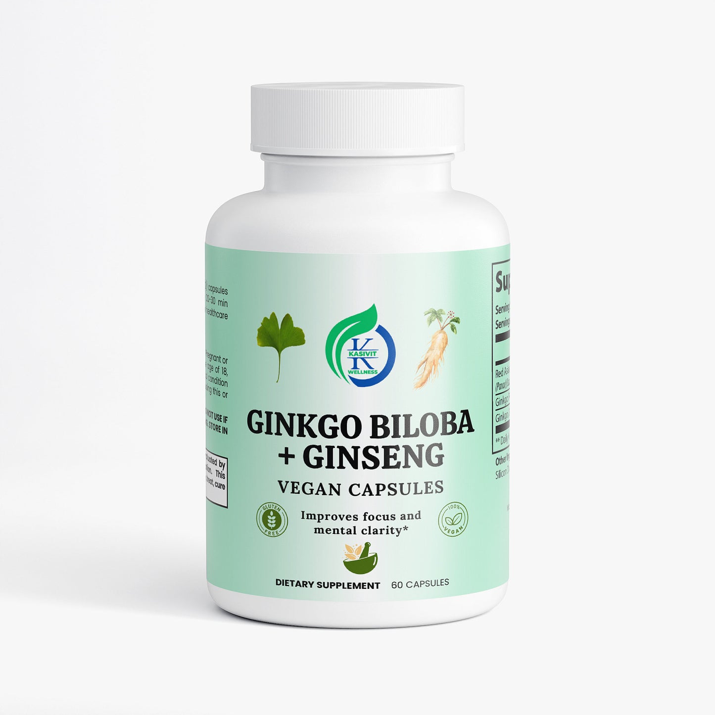Kasivit Ginkgo Biloba and Ginseng supplement vegan capsules bottle for mental clarity and focus