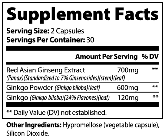Kasivit Specialty Supplements Ginkgo Biloba and Ginseng supplement supplement facts label showing dosage and ingredients