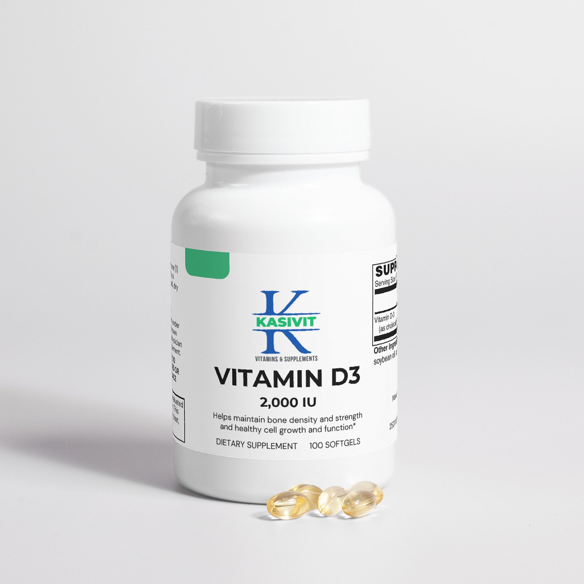 Kasivit Vitamin D3 2000 IU supplement bottle with softgel capsules for bone health and cell growth