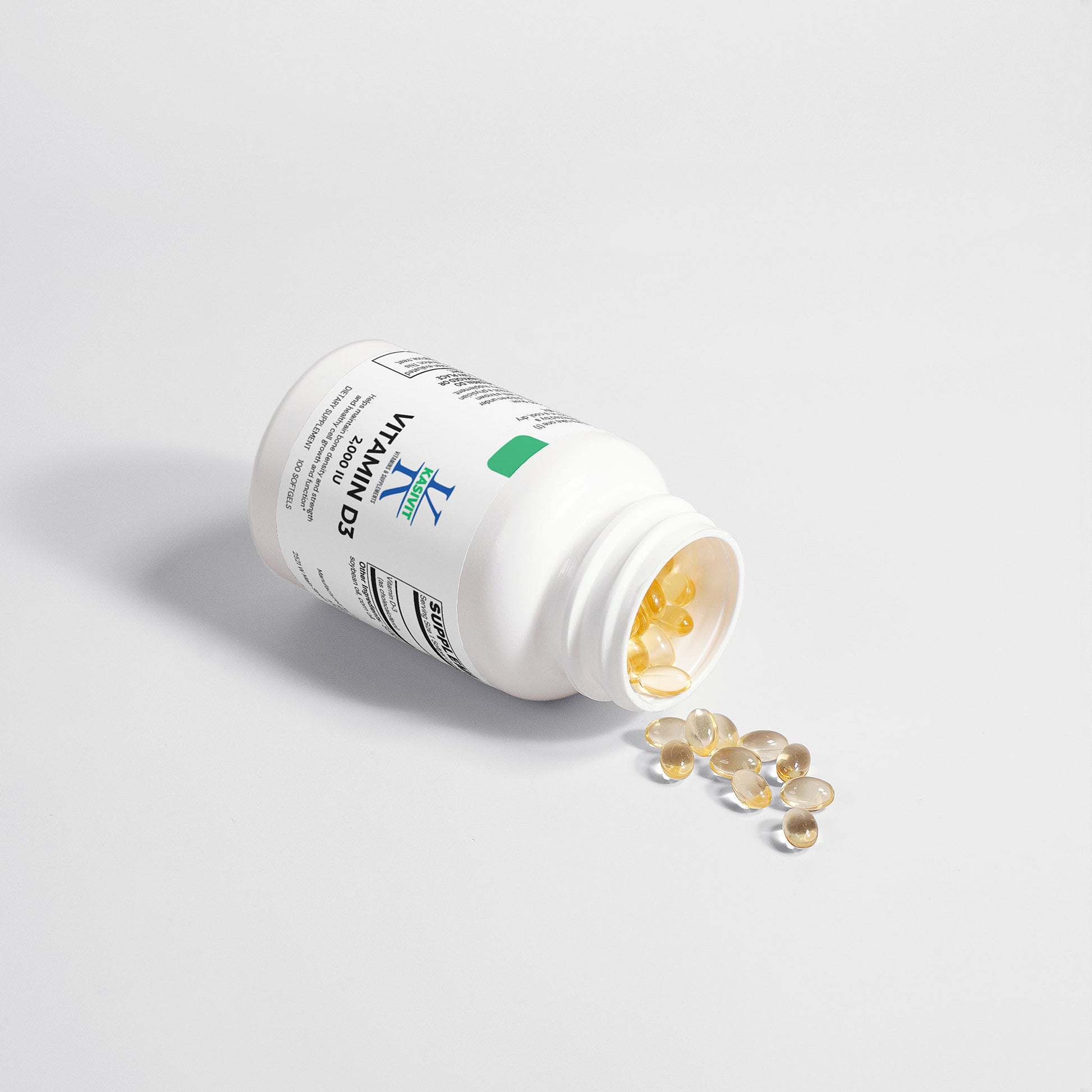 Kasivit Vitamin D3 2000 IU supplement softgel capsules spilling from white bottle