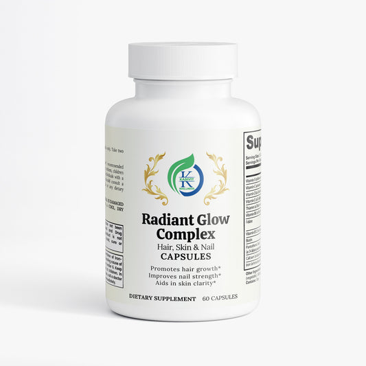 Kasivit Radiant Glow Complex Hair Skin and Nail Capsules in white bottle with 60 capsules for improved hair growth