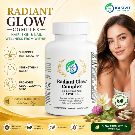 Kasivit Radiant Glow Complex Hair Skin and Nail Capsules in white bottle for wellness from within