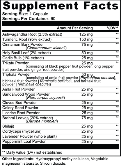 Kasivit Ayurvedic complex supplement nutrition facts label showing ingredients and serving size