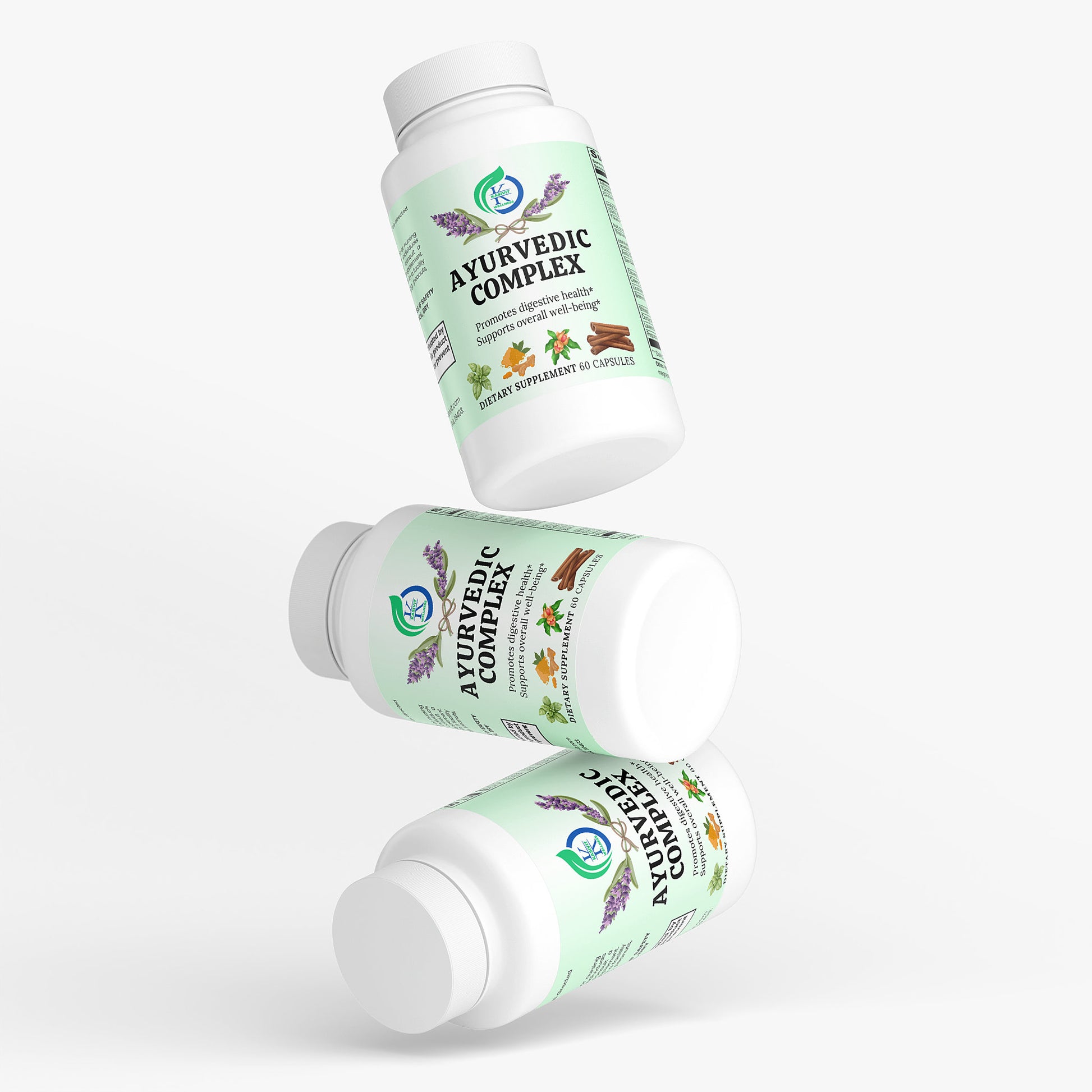 Kasivit Ayurvedic complex supplement bottles with herbal ingredients for digestive health