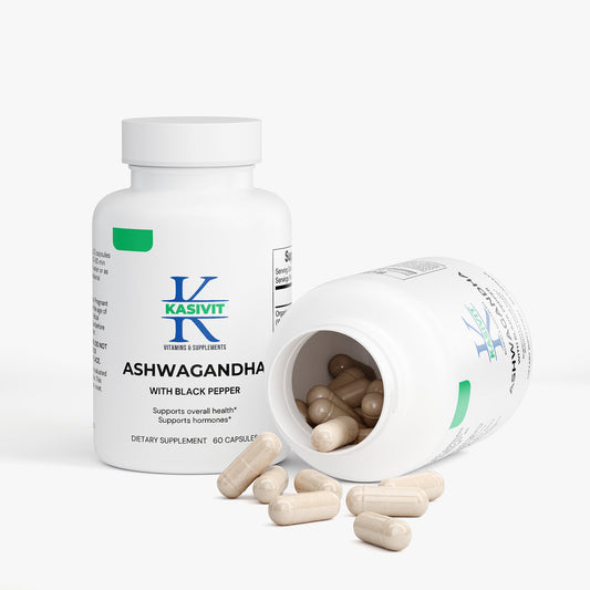 Kasivit Ashwagandha capsules bottle with black pepper natural extract dietary supplement capsules spilling out