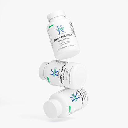 Kasivit Ashwagandha capsules natural extract supplement with black pepper in white bottles