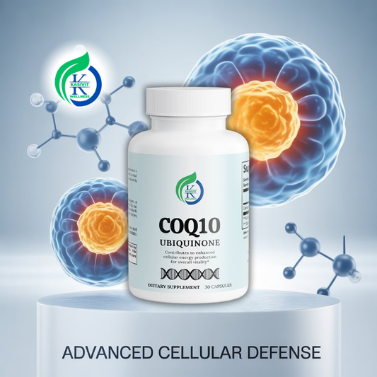 Kasivit CoQ10 supplement Ubiquinone in white bottle for advanced cellular defense with 30 capsules
