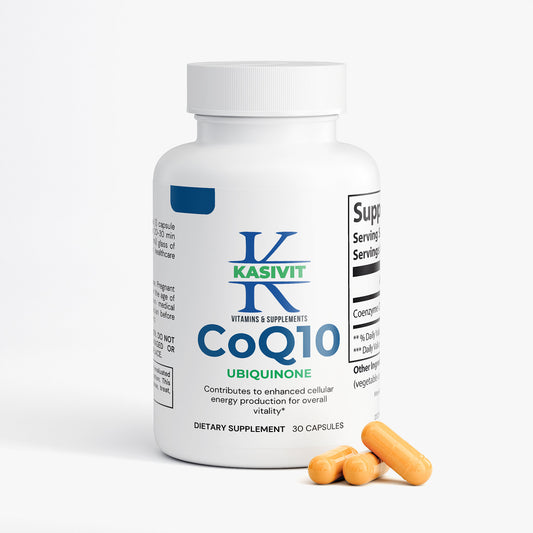 Kasivit CoQ10 supplement bottle with 30 capsules  with capsules shows on side for cellular energy support