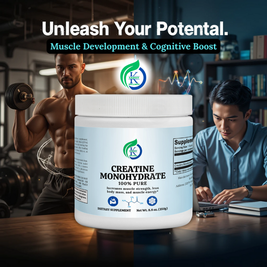 Kasivit Creatine Monohydrate supplement in white container for muscle development and cognitive boost
