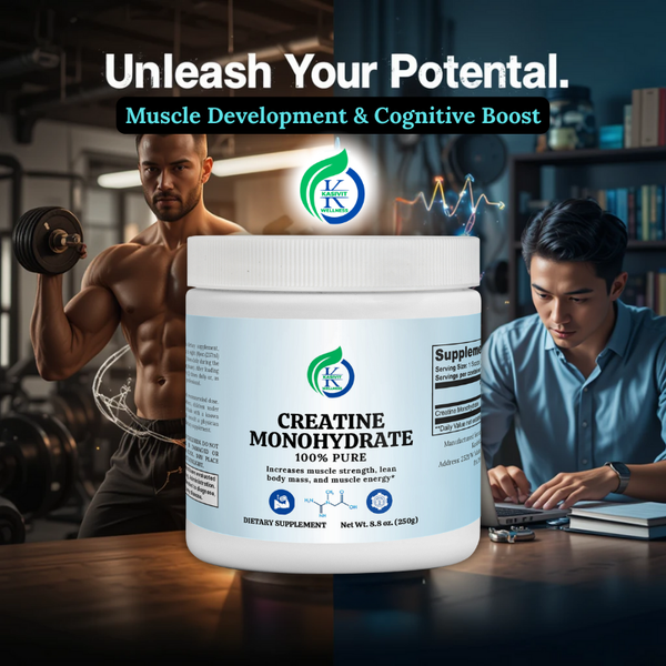 Kasivit Creatine Monohydrate supplement in white container for muscle development and cognitive boost