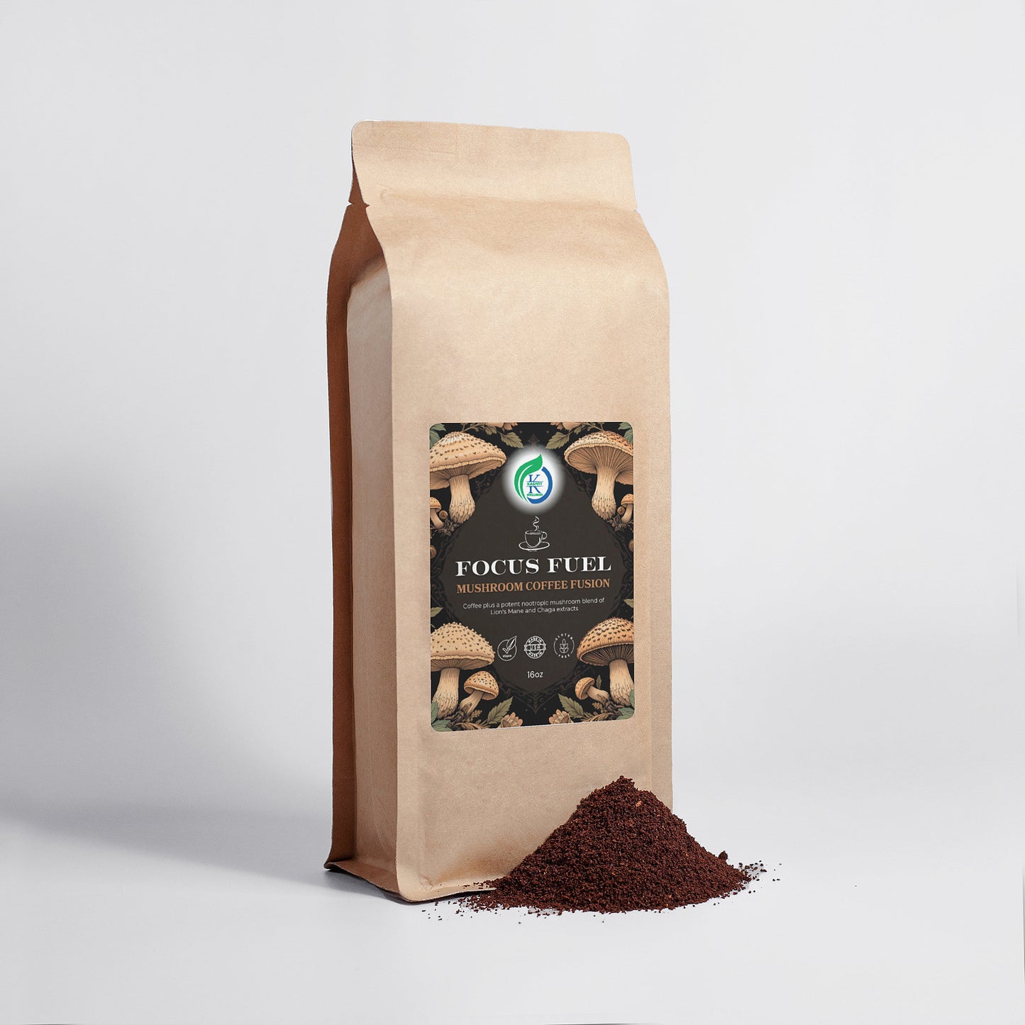 Kasivit Focus Fuel mushroom coffee with lion’s mane in a brown bag with ground coffee pile