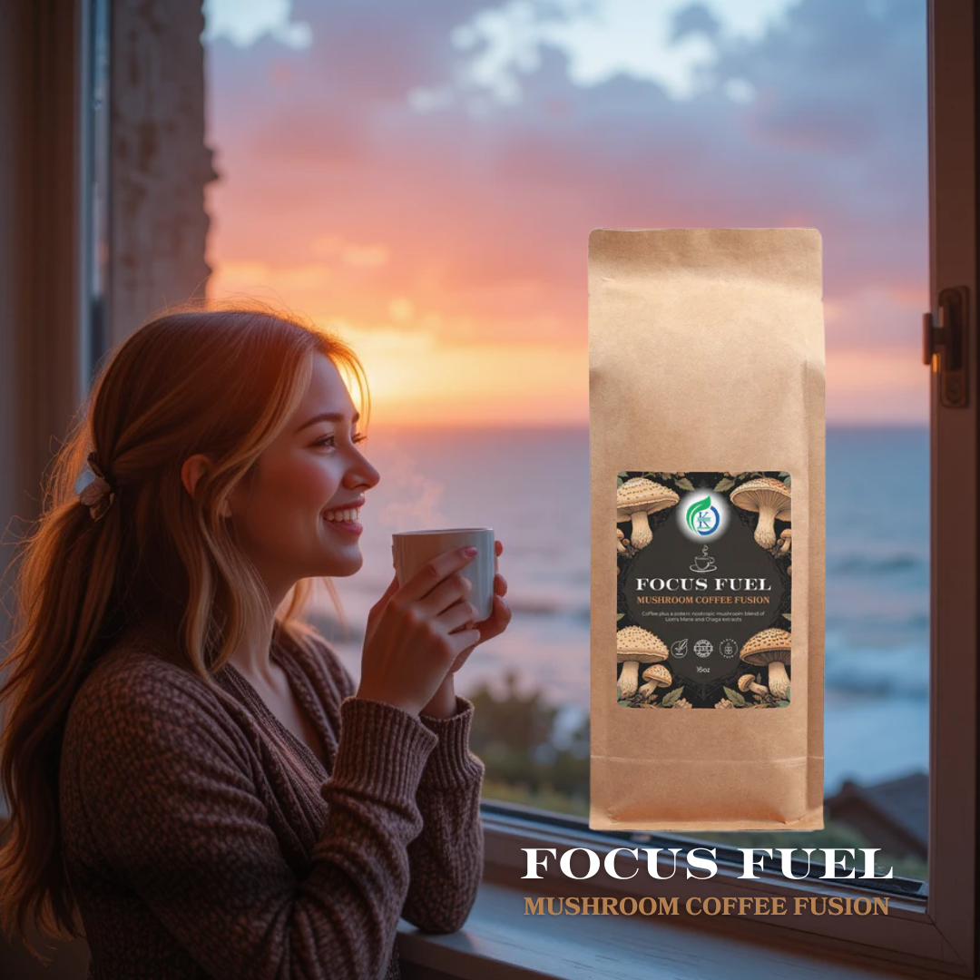 Woman enjoying a cup of Focus Fuel mushroom coffee with lion’s mane by Kasivit at sunset