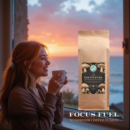 Woman enjoying a cup of Focus Fuel mushroom coffee with lion’s mane by Kasivit at sunset
