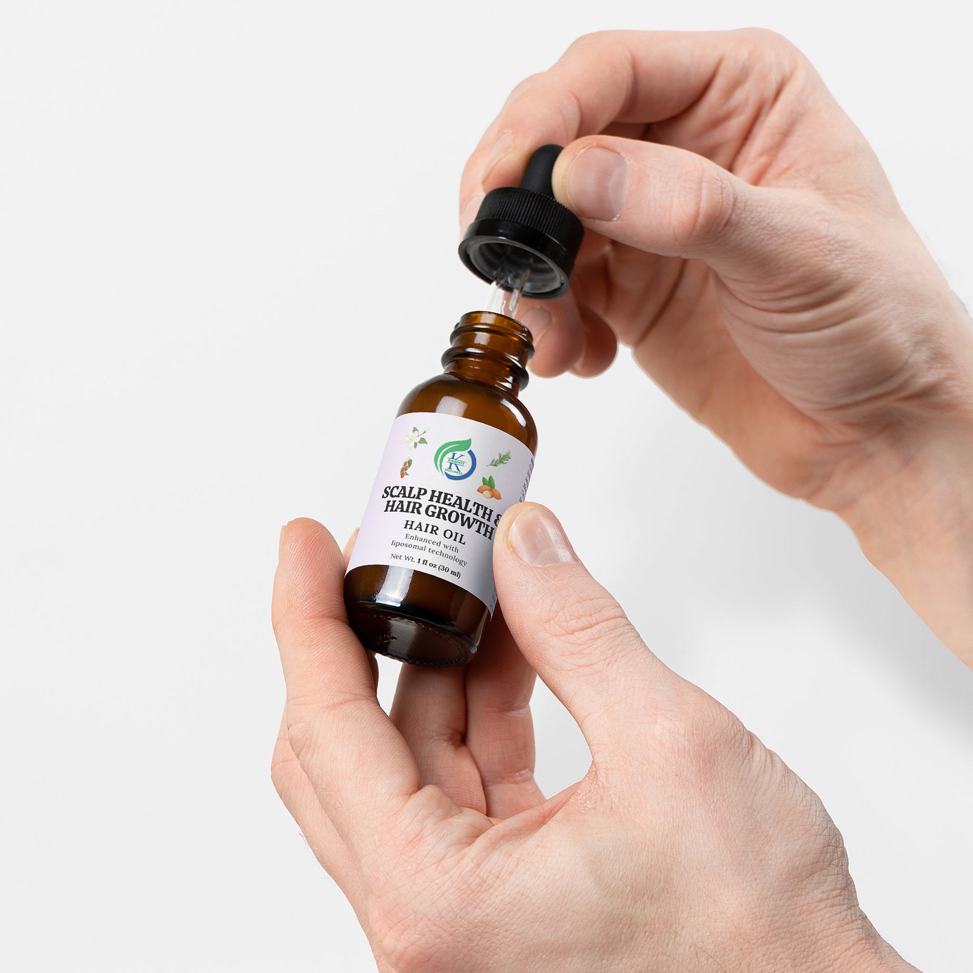 Kasivit Scalp Health Hair Growth Supplement with essential oils in a brown dropper bottle