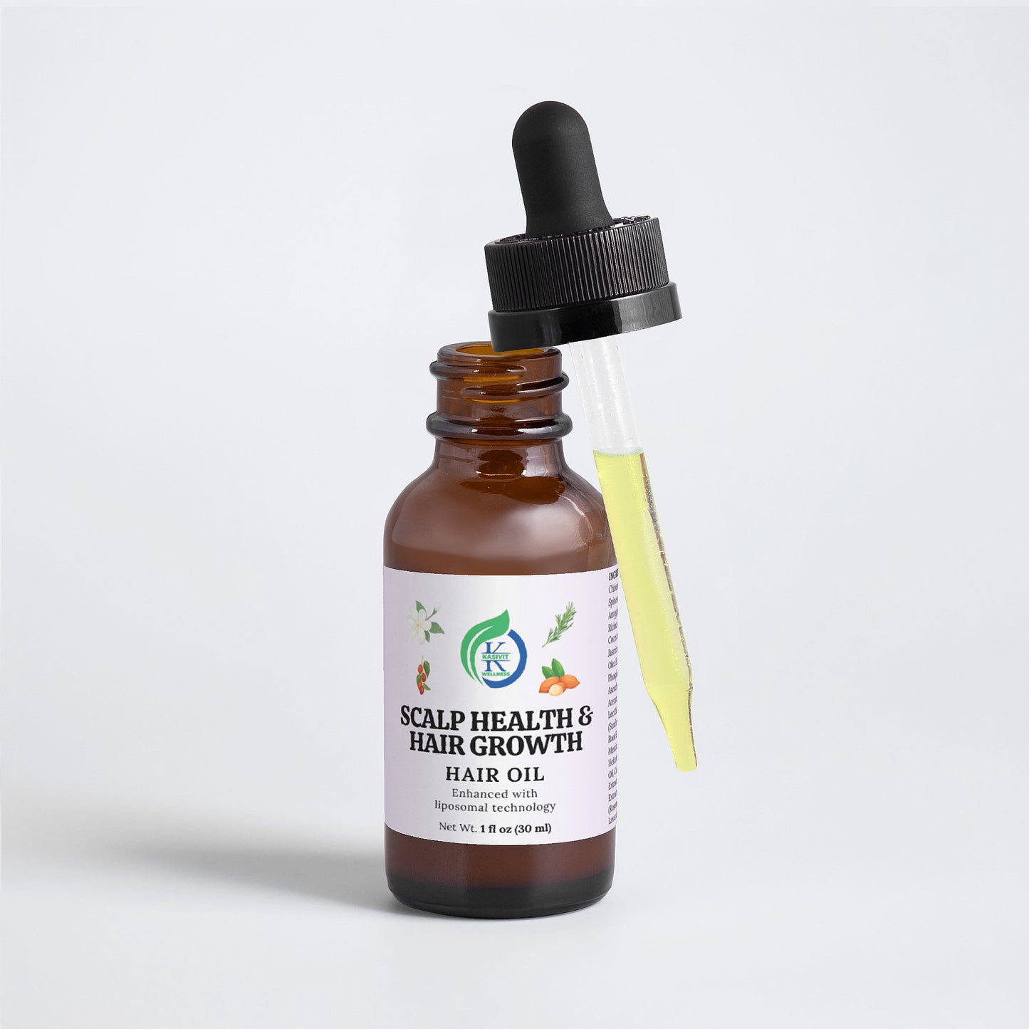 Kasivit Scalp Health & Hair Growth Hair Oil with key ingredients for enhanced growth in amber glass bottle