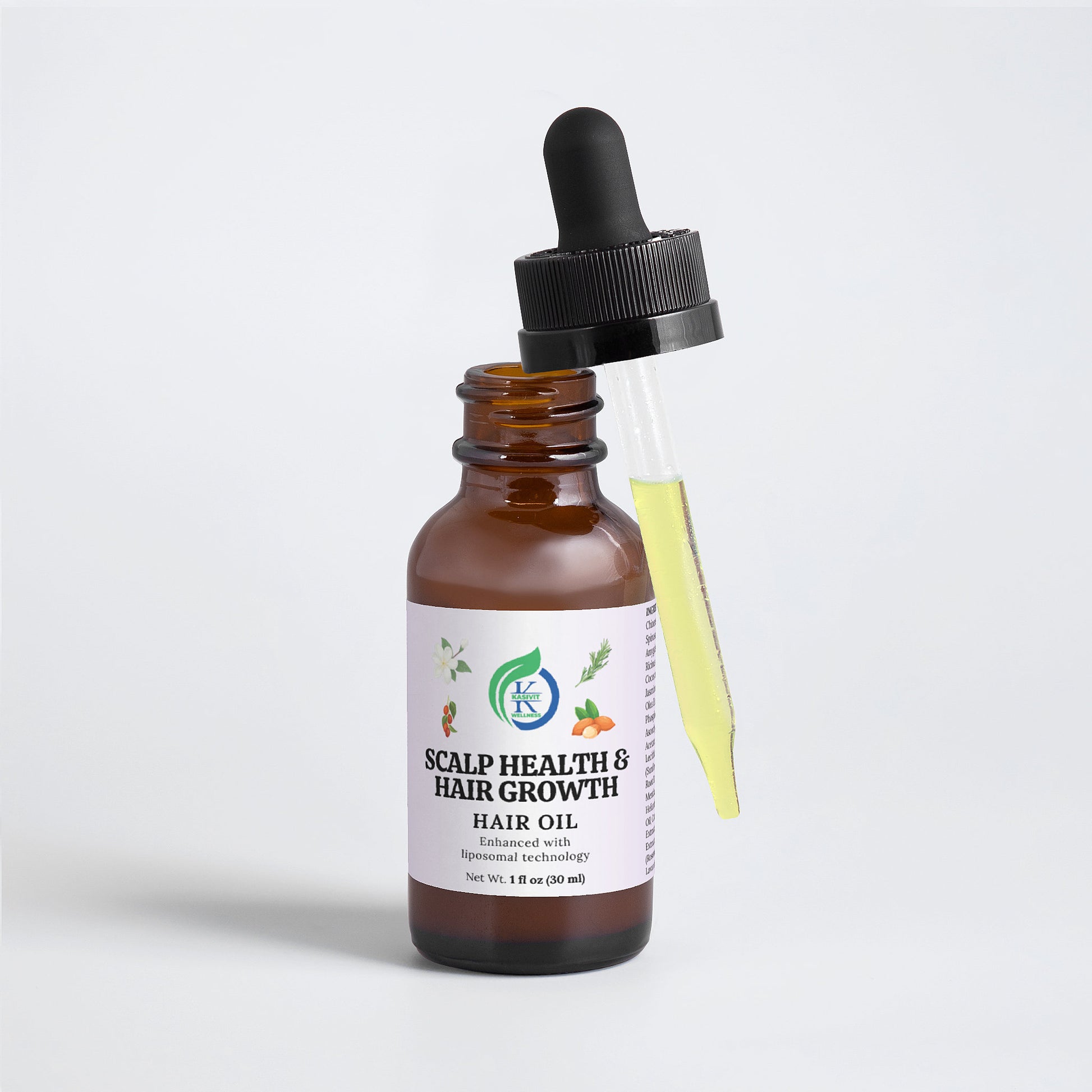 Kasivit Scalp Health & Hair Growth Hair Oil with key ingredients for enhanced growth in amber glass bottle