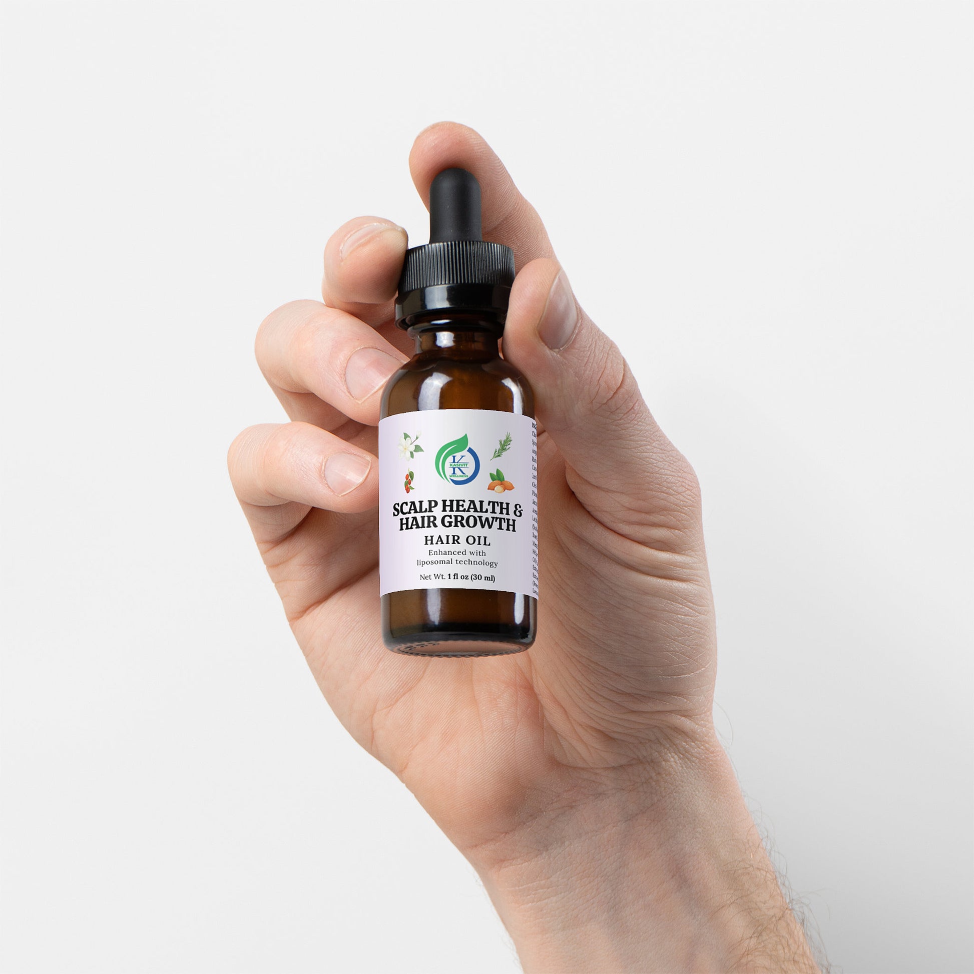 Kasivit Scalp Health Hair Growth Oil with key ingredients in a dark glass dropper bottle