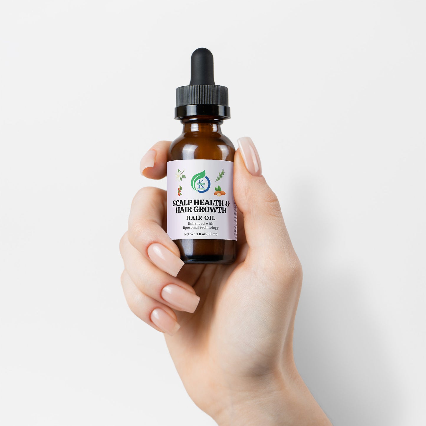 Kasivit Scalp Health Hair Growth Oil in a brown dropper bottle for promoting healthy hair growth