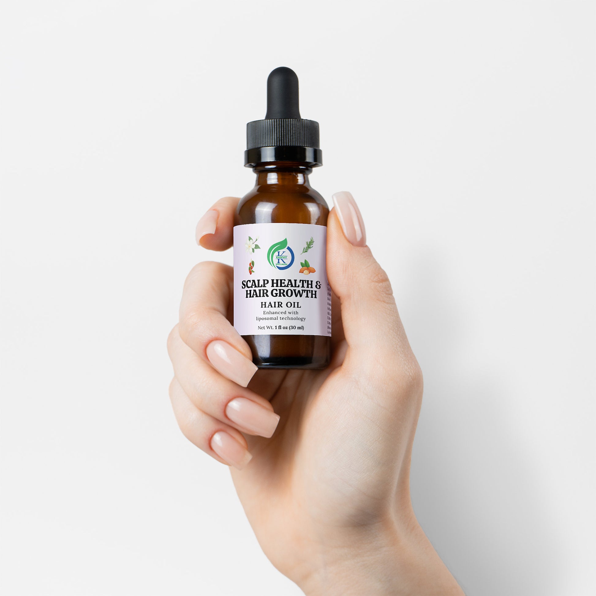 Kasivit Scalp Health Hair Growth Oil in a brown dropper bottle for promoting healthy hair growth