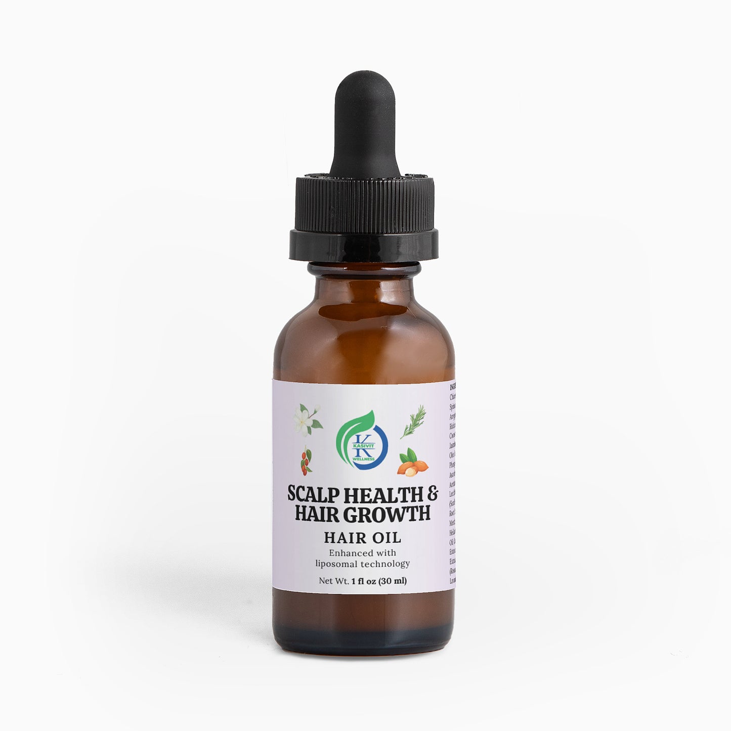 Kasivit Scalp Health & Hair Growth Hair Oil with liposomal technology in a brown dropper bottle