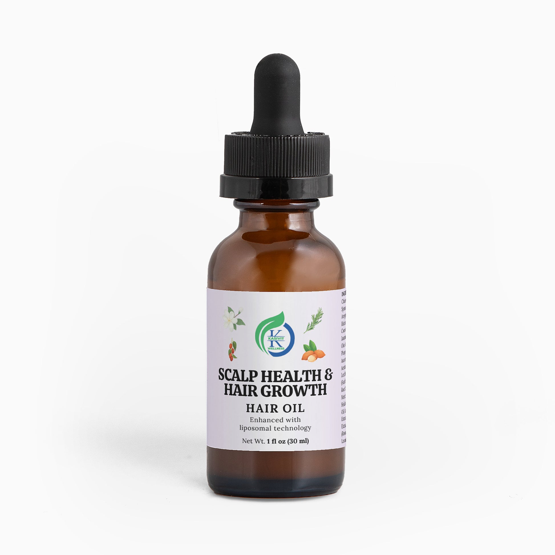 Kasivit Scalp Health & Hair Growth Hair Oil with liposomal technology in a brown dropper bottle