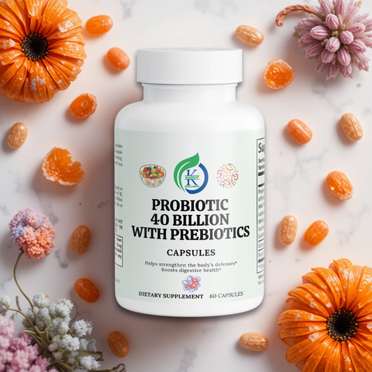 Kasivit Probiotic 40 Billion with Prebiotics capsules in a white bottle, promoting digestive health