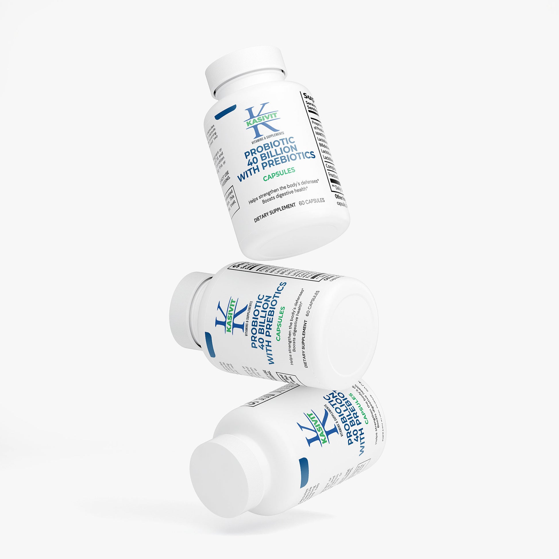 Kasivit high potency probiotic with prebiotics supplement bottles showing white packaging and blue green labels