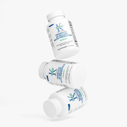 Kasivit high potency probiotic with prebiotics supplement bottles showing white packaging and blue green labels